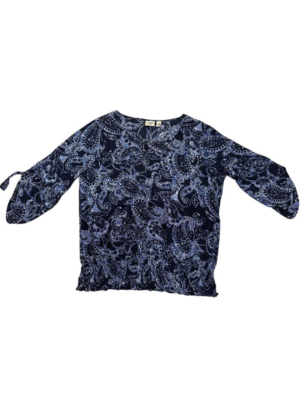 Cato Woman Plus Size Blouse 14/16 Blue Paisley Print Elastic Hem Tie Sleeves